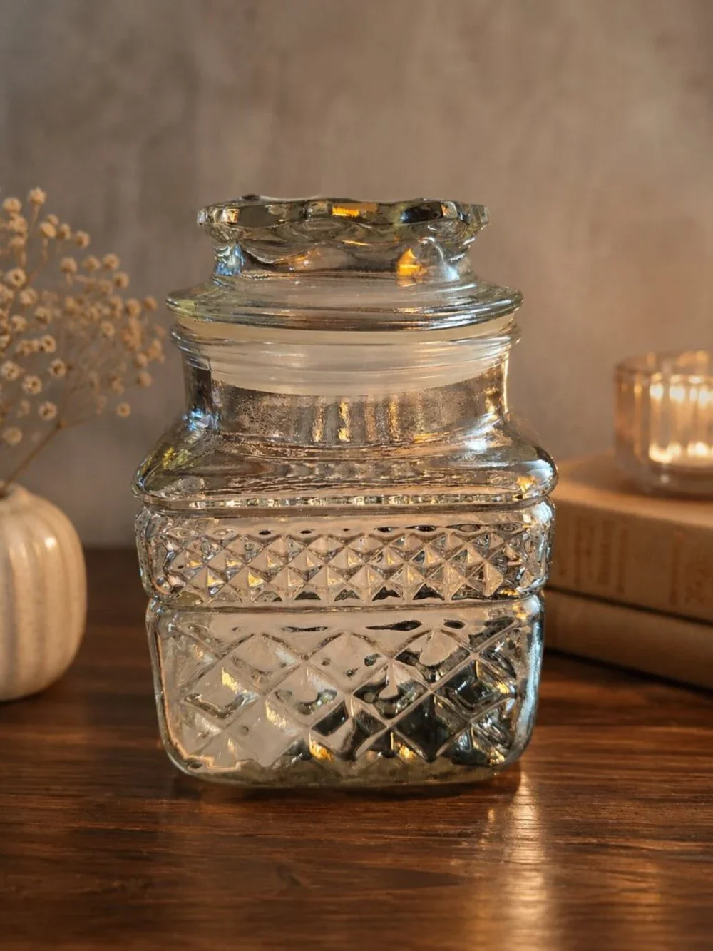Vintage Anchor Hocking Wexford Clear Glass Small Canister Jar Apothecary Lid